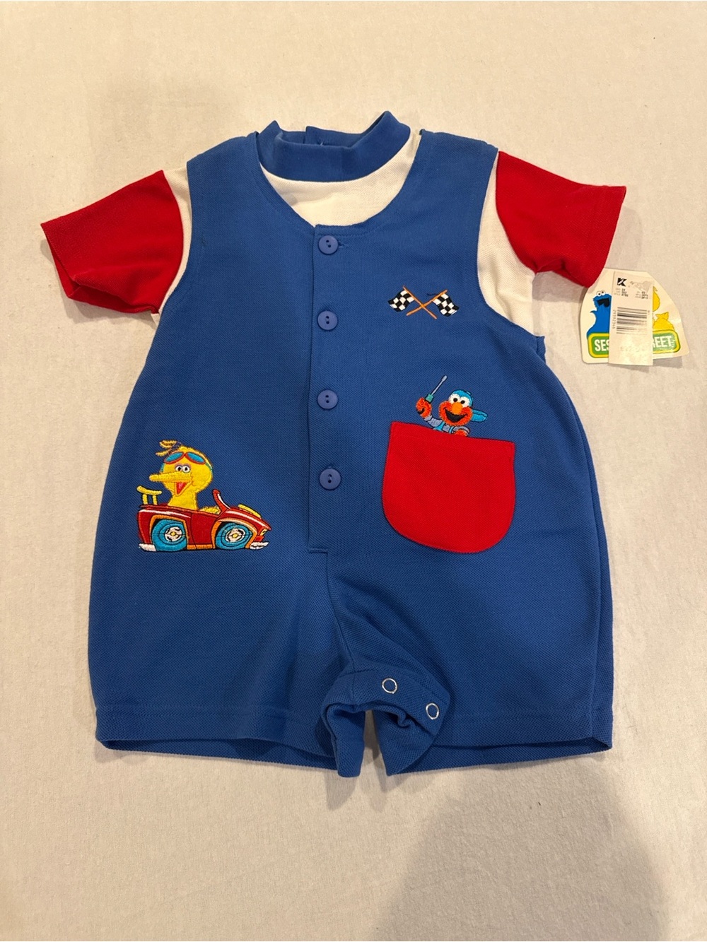 Vintage Y2K DEADSTOCK Sesame Street Blue/Red Romper Elmo & Big Bird 18 mo